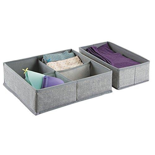 mDesign Set of 2 Drawer Organiser - Fabric Wardrobe Organiser for Cupboard or Dresser - Drawer Insert with 5 Compartments for Socks, Underwear, Bras - Grey