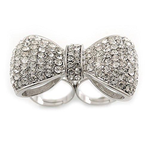 Large Clear Austrian Crystal Pave Set 'Bow' Two Finger Ring in Rhodium Plating - 50mm Across - Adjustable