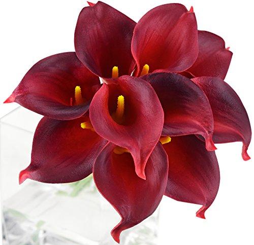 FiveSeasonStuff 10 Stems Real Touch Calla Lilies Artificial Flower Bouquet, Perfect Wedding, Bridal, Party, Home Office Décor DIY (Dark Red)