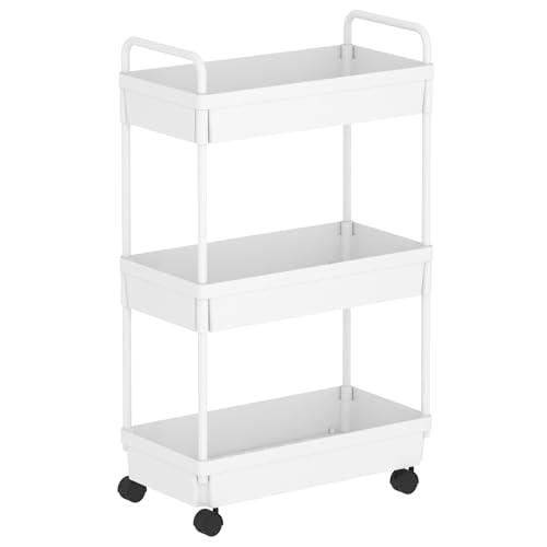 Buzowruil Rolling Storage Cart 3 Tier Organizer Mobile Shelving Unit Storage Rolling Utility Cart with Wheels for Kitchen Bathroom Laundry,White