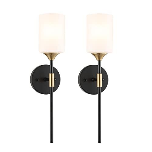 Industrial Mid Century Wall Sconce Set of 2 with White Cylinder Glass Shades Modern Bathroom Vanity Wall Lamp Black and Gold Finished Wall Light Fixture