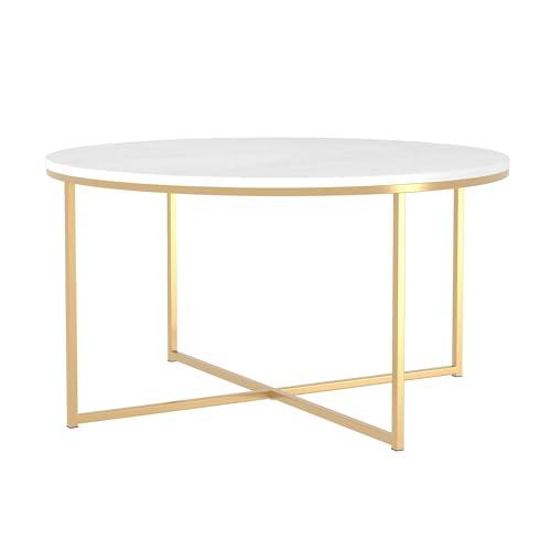 Walker Edison Modern Glam Round Accent Faux White Marble Coffee Table with Gold X-Base, 36 Inch