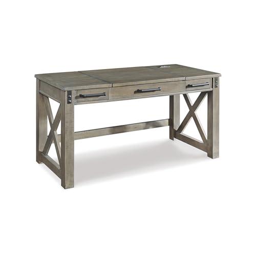 Signature Design by Ashley Aldwin Rustic Farmhouse 60" Home Office Lift Top Desk with Charging Ports, Distressed Gray