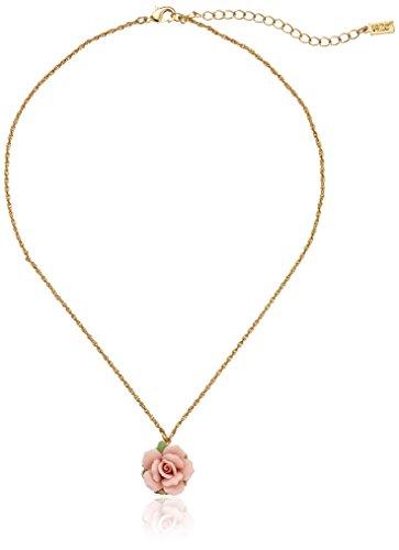 1928 Jewelry Gold-Tone Genuine Pink Porcelain Rose Adjustable Pendant Necklace, 16"