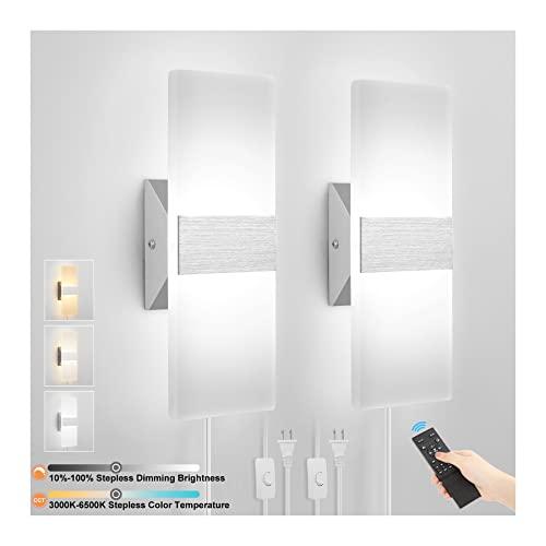 Plug in Wall Sconces with Stepless Adjustable 3000K-6500K Colors and 10%-100% Brightness, Sconces Wall Lighting with Remote Control 12W Acrylic LED Wall Lamp with 6FT Plug in Cord, 2 Pack