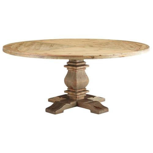 Modway Column 71" Rustic Farmhouse Pine Wood Round Kitchen and Dining Room Table, Brown