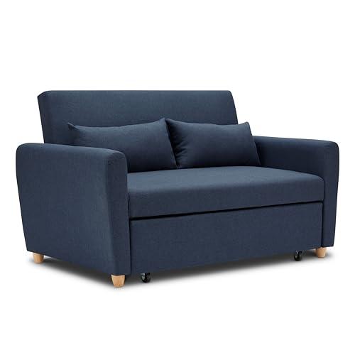 Bravich Pull Out Two Seater Double Sofa Bed - Blue. Modern Contemporary Space Saving Folding Bed, Easy Fold Living Room Furniture To Full Size Double Bed. Fabric Couch With Thick Foam Cushions.