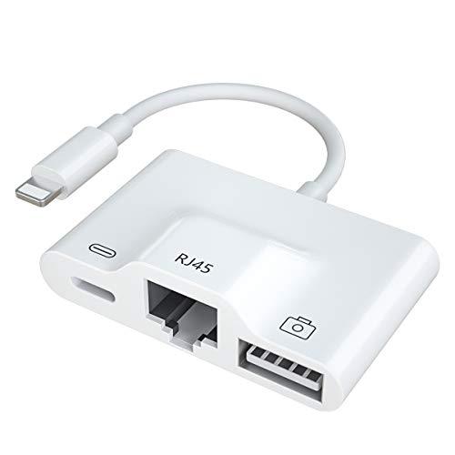 Powered RJ45 Ethernet LAN Wired Network Adapter,3 in 1 Wired RJ45 LAN Network Adapter with USB 3 Female OTG Adapter and Data Sync Cable Charging Port,Compatible with iPhone/iPad,(White)