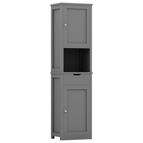 Shintenchi Tall Bathroom Storage Cabinet, Slim Corner Floor Cabinet with Doors and Drawer, Freestanding Narrow Bathroom Organizer with Adjustable Shelves for Small Space, Gray