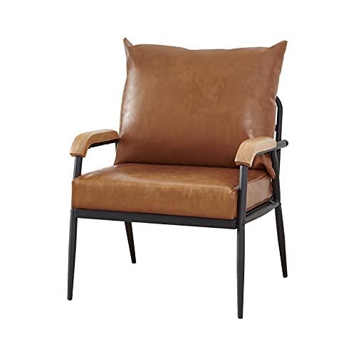 CLIPOP Mid Century Modern Accent Chair, Single Sofa with Removable Backrest and Cushion, Upholstered Faux Leather Armchair with Solid Wood Armrest Metal Frame Easy-Assembly, 24" W, Light Brown