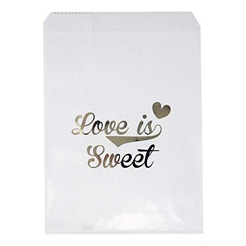 Food Safe Biodegradable Paper Candy Favor & Treat Bags for All Parties - 48 Count Assorted, 7x5 Size (Love is Sweet, White & Gold)