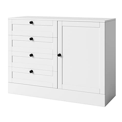 HOSTACK 4 Drawer Dresser with Door, White Chest of Drawers, Modern Storage Cabinet with Shelves | Deep Space, Wide Dresser Sideboard Buffet for Living Room, Dining Room, Hallway, White