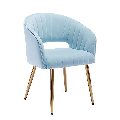 KCC Modern Velvet Desk Chair Accent Armchair Upholstered Tufted Chairs Dining Chairs, Tufted Vanity Chairs Side Chairs with Gold Metal Legs for Dinging Room Living Room Restaurant, 1 PC & Baby Blue