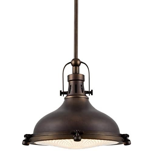 Kira Home Beacon 11" Industrial Farmhouse/Nautical Pendant Light with Round Fresnel Glass Lens, Adjustable Hanging Height, Oil-Rubbed Bronze Finish