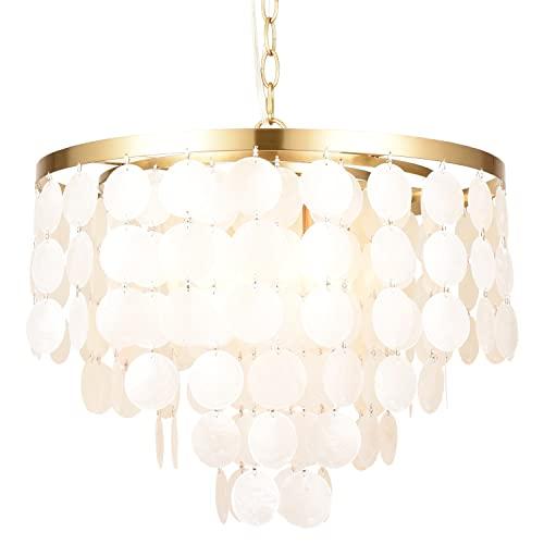 ALICE HOUSE 18.2" White Shell Chandeliers, Brushed Brass Finish, Coastal Kitchen Island Light Fixture, 4 Light Modern Pendant Light for Dining Room, Entryway and Bedroom, ETL Listed, AL2608-P4