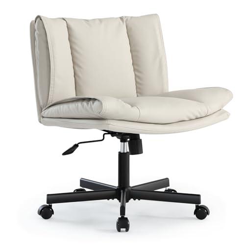 LEAGOO Armless Desk Chair, Office Chair with Wheels, PU-Leather Desk Chair, Modern Swivel Height Adjustable Office Chair with Wide Seat for Home, Office, Make Up, Bed Room - Beige