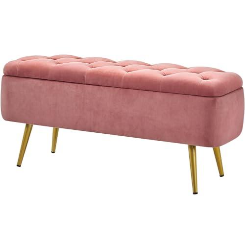 Yaheetech Storage Bench, Velvet End of Bed Bench, 42 Inch Ottoman Bench with Gold Legs, Window Bench for Living Room Bedroom Entryway, Pink