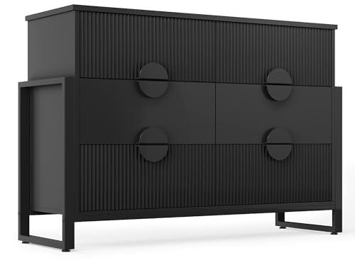 Fluted 6 Deep Drawer Dresser, Modern Dressers for Bedroom, 50" Wide Chest of Drawers Dresser TV Stand - Curved Profile Design, Raising Legs, Large Metal Handles for Bedroom,Livingroom, Hallway,Black