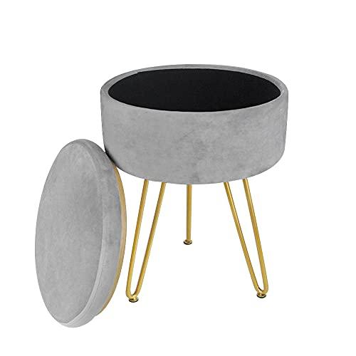 Velvet Storage Footrest Stool Ottoman Round Modern Upholstered Vanity Footstool Side Table Seat, Table Top Cover, Dressing Chair with 3 Golden Metal Leg（Round-with Storage,Grey）