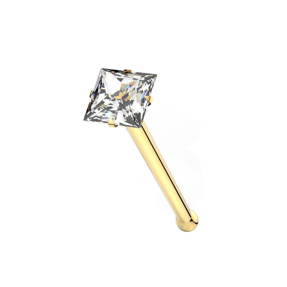 14K Solid Yellow Gold with 1.5MM Square Gem Ball End Nose Pin Body Jewelry