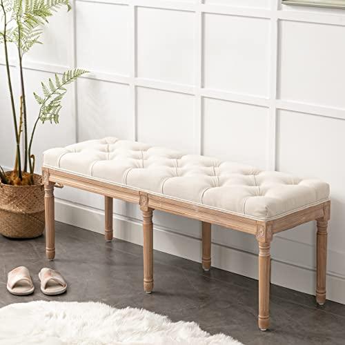 Bonzy Home Tufted Extra-Long Entryway Bench, 47” French Vintage Bedroom Benches Upholstered Dining Benches, Fabric End of Bed Bench for Bedroom Dining Room Living Room Entryway, Beige