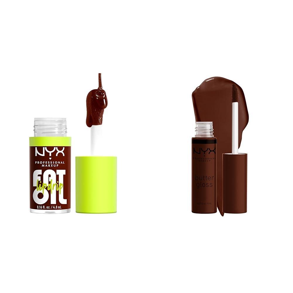 NYX PROFESSIONAL MAKEUP Fat Oil Lip Drip, Moisturizing, Shiny and Vegan Tinted Lip Gloss - Status Update (Rich Chocolate) & Butter Gloss Brown Sugar, Non-Sticky Lip Gloss - Lava Cake (Rich Brown)