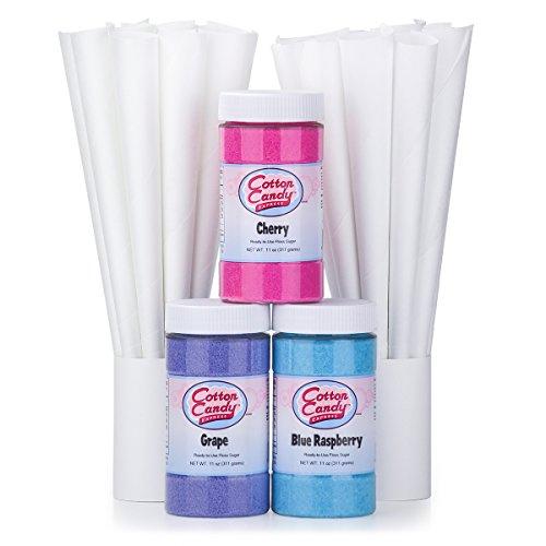 Cotton Candy ExpressFloss Sugar Variety Pack with 3 - 11oz Plastic Jars of Cherry, Blue Raspberry & Grape Flossing Sugars Plus 50 Paper Cotton Candy Cones