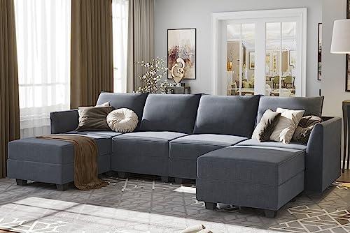 HONBAY Modular Sectional Sofa U Shaped Sectional Couch with Reversible Chaise Modular Couch with Storage, Bluish Grey