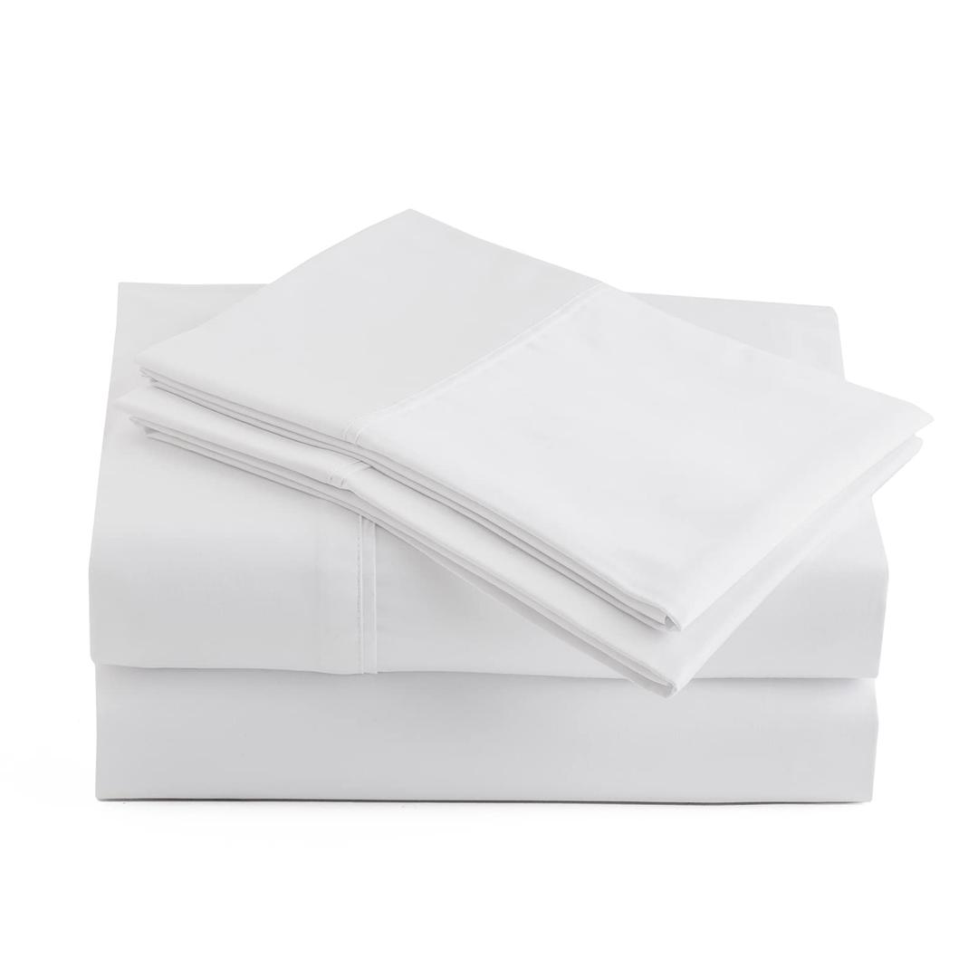 Peru Pima 285 Thread Count Percale 4 Piece Bed Sheet Set - 100% Peruvian Pima Cotton - Hotel Luxury Quality, Extra Soft and Cooling Sheets - White Solid Color - Queen Size