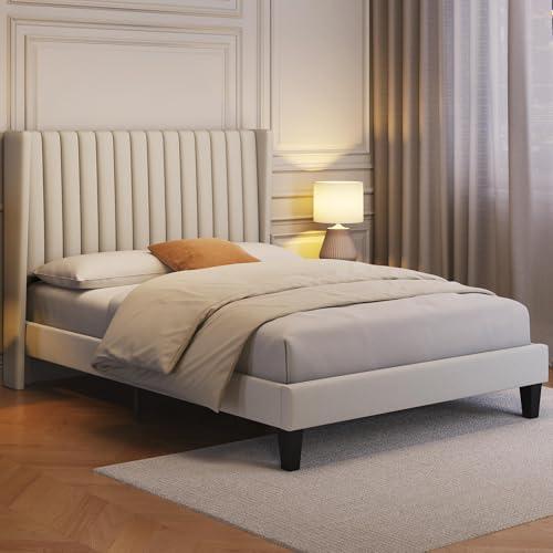 YaheetechFull Bed Frame Upholstered Platform Bed with Fabric Headboard, Wing Edge Design/Non-Slip and Noise-Free/Wooden Slats Support/No Box Spring Needed/Easy Assembly, Beige Full Bed