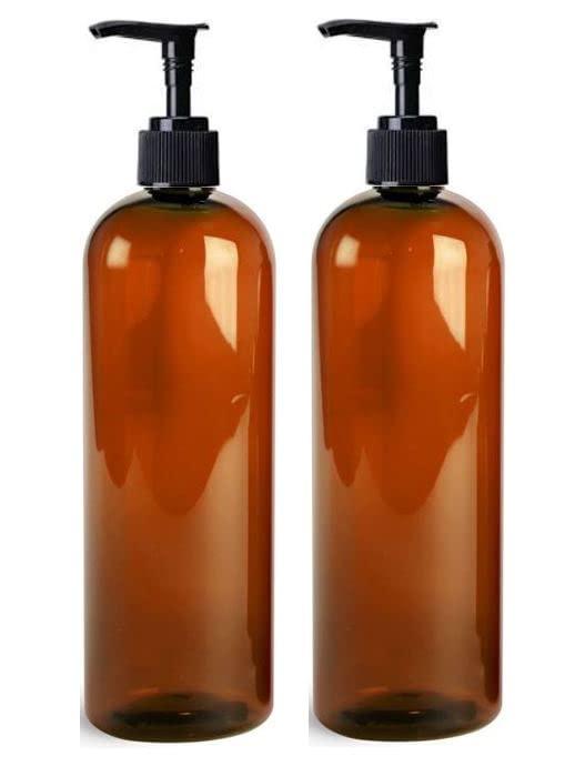 MountainLeaf 2 Pack 16 oz (475 ml) Slim Plastic PET Bottles with Black Lotion Pump Dispensers | Shampoo Lotion Soap DIY Bottles | Made in USA (Amber Bottles)