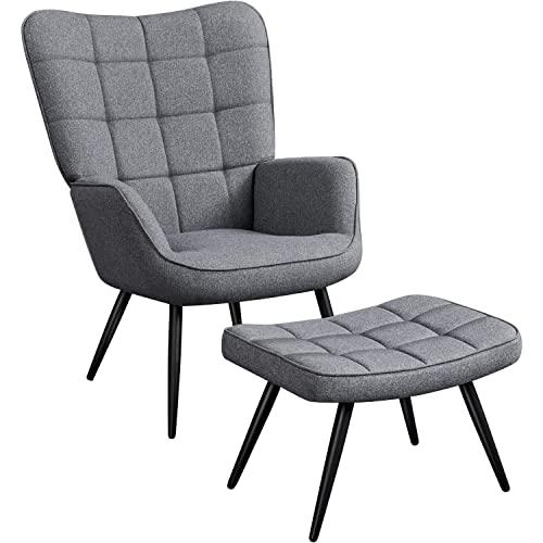 Yaheetech Accent Chair with Ottoman, Modern Armchair and Footrest Set with High Back and Metal Legs, Oversized Lounge Chair and Ottoman Set for Living Room Bedroom Office, Gray