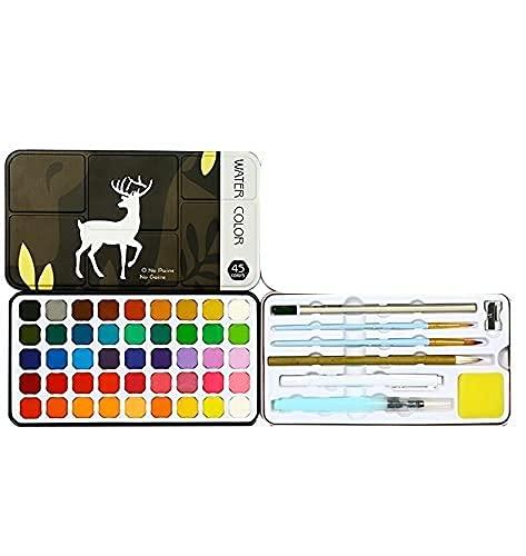 THR3E STROKES 45 Colors Solid Watercolor Paint Set Metal Box Painting Pigment With Water Brush for Beginner Drawing Watercolor Paper Supplies.