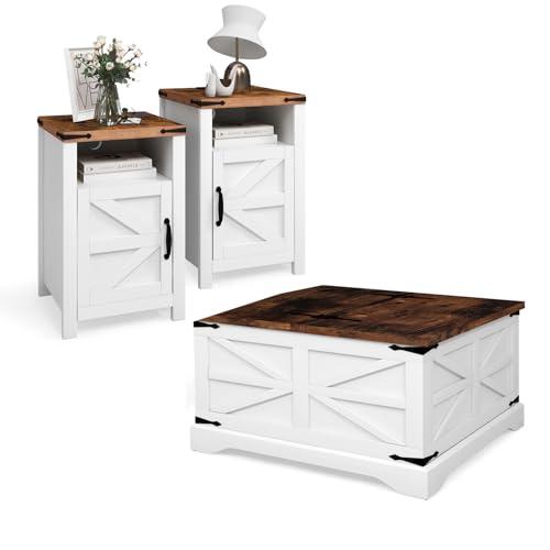 oneinmil 3-Piece Farmhouse Table Set Includes 31” Coffee Table and Side Tables with Storage Space, Retro Tables for Living Room, White