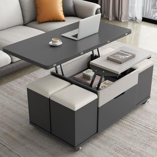 Lift Top Coffee Table with 4 Storage Stools, Expandable Dining Table for Living Room, 3-in-1 Multi-Functional Center Table with Hidden Storage Compartment (47.24 Inch)