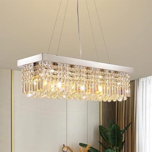 7PM Rectangle K9 Crystal Chandelier Modern Rectangular Pendant Light Fixture for Dining Room Kitchen Island Chrome L31.5 x W10 x H10