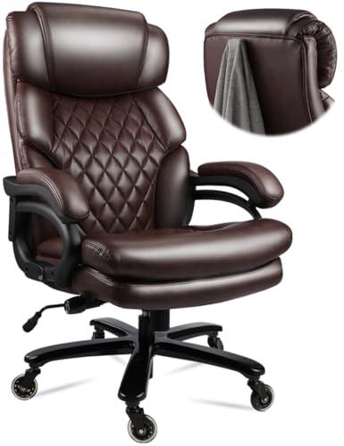 400lbs Big and Tall Office Chair Wide Spring Seat Executive Office Chair for Heavy People Home Office Desk Chair with Heavy Duty Casters 360 Swivel Chair High Back Computer PU Leather Chair (BROWN)