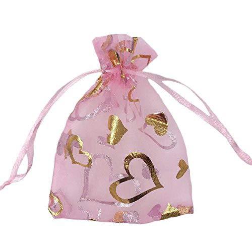 SumDirect Small Heart Organza Bags - 100Pcs 3.5x4.7 inch Drawstring Sheer Organza Gift Bags, Organza Jewelry Pouches for Easter, Mother's Day, Wedding Party Favors