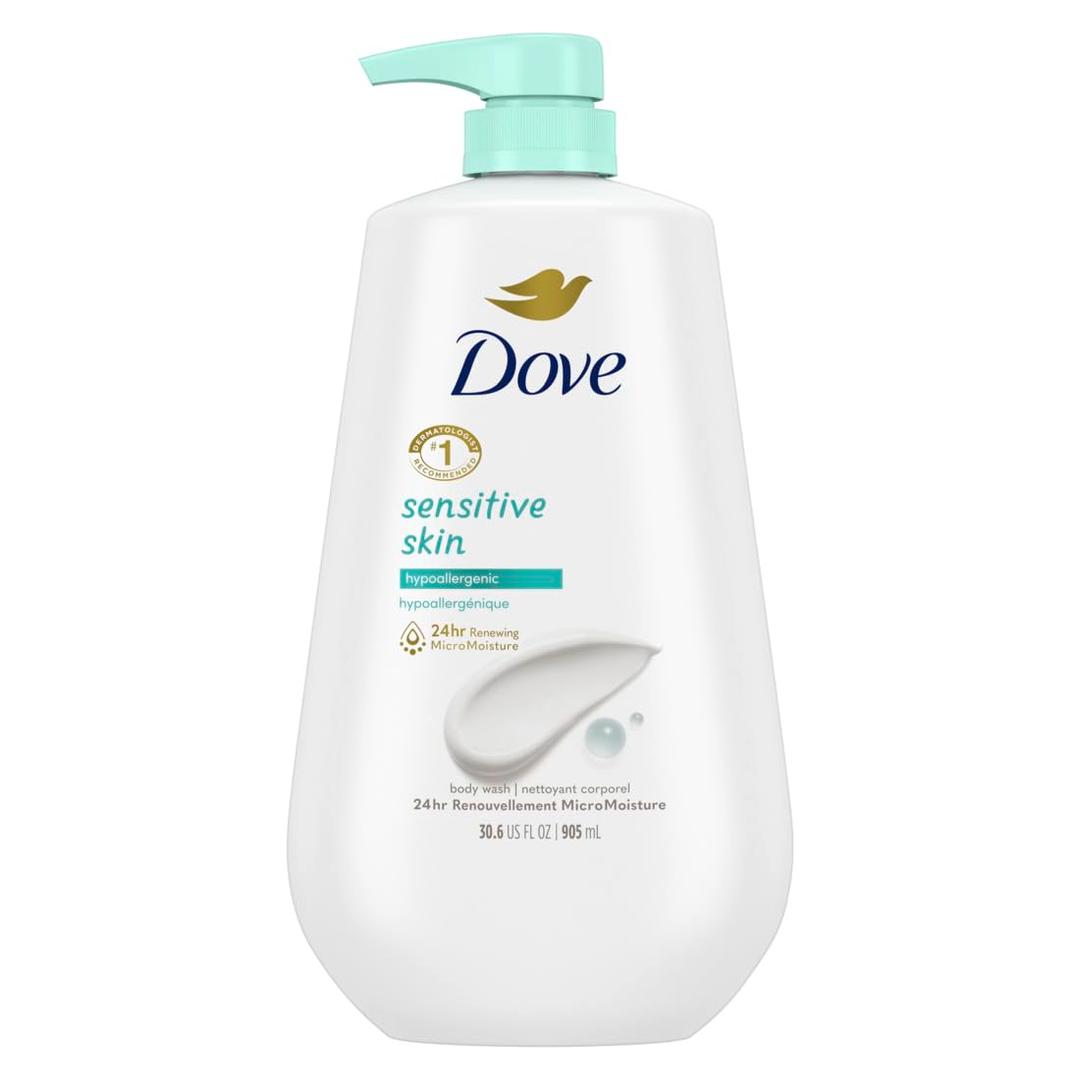 Dove Body Wash with Pump Sensitive Skin Hypoallergenic, Paraben-Free, Sulfate-Free, Cruelty-Free, Moisturizing Skin Cleanser Effectively Washes Away Bacteria While Nourishing Skin 30.6 oz