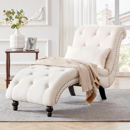 Tufted Soft Chaise Lounge Indoor, Linen Rivets Chaise Lounge Chair for Bedroom Living Room, Armless Upholstered Chaise Couch Chair with Square Cushions and Solid Wood Legs, Ivory