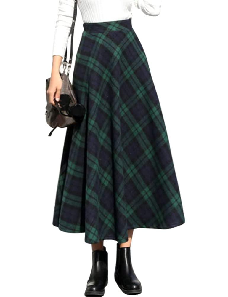 IDEALSANXUNWomens Plaid Wool Skirts Elastic Waist A-Line Pleated Tartan Long Skirts