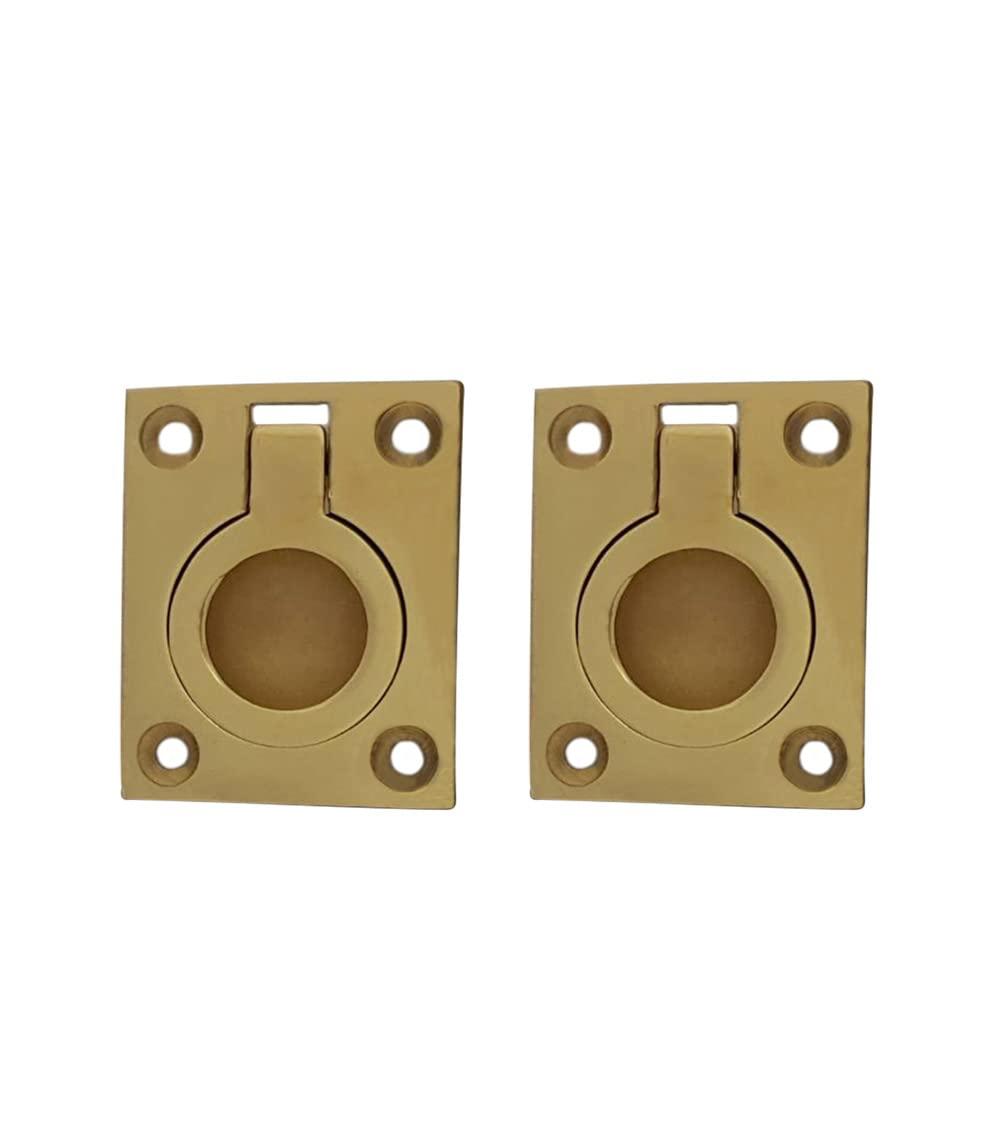 QCAA Solid Brass Flush Ring Pull, 36.5 x45 mm, Polished Brass US3, Made in Taiwan, 2 Pack