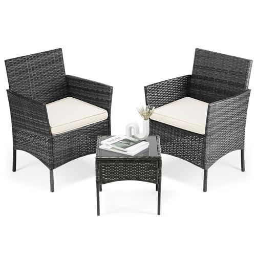 Sweetcripy Patio Furniture Set 3 Pieces, Outdoor Furniture with Soft Cushion and Glass Table, All Weather Manual Weaving Wicker Rattan Patio Chairs for Garden, Terrace, Porch(Black and Beige)