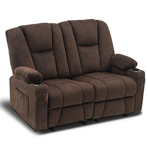 MCombo61.8" Power Loveseat Recliner with Heat and Vibration, Fabric Electric Reclining Loveseat, USB Charge Port, Cup Holders for Living Room 6025 (Brown)