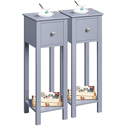 Yaheetech Grey Slim Bedside Table Set of 2 Nightstand with Drawer Tall Telephone Table Narrow Side Table for Hallway/Living Room/Bedroom, 25x25x70cm