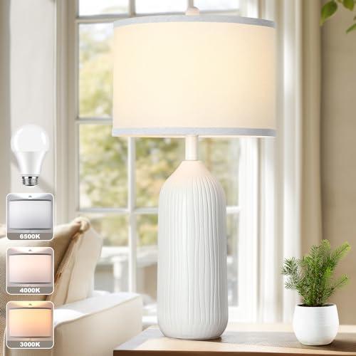 TOBUSA27in White Ceramic Table Lamp with 3-Color Temperatures(3000K/4000K/6500K), Modern Tall Table Lamp for Living Room Bedroom with White Shade, E26 Nightstand Lamp for Bedside End Table Office