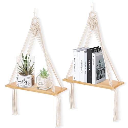 Macrame Wall Hanging Shelf Set of 2,Boho Wooden Display Floating Shelves for Wall Decor with Handmade Woven Rope,Farmhouse Rustic Plant Shelf for Bedroom Dorm Nursery Living Room Bathroom