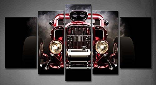 5 Panel Wall Art Hot Rod With Smoke Background On Black Painting The Picture Print On Canvas Car Pictures For Home Decor Decoration Gift Piece Stretched By Wooden Frame Ready To Hang