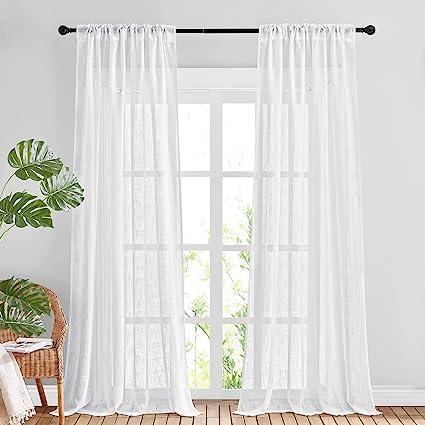 THE WHITE SHOP White Sheer Curtains Linen Blend Extra Long, Rod Pocket & Back Tab Semi Linen Sheer Window Treatment Privacy Drapes for Living Room/Bedroom，Size 108 "L x 52 "W,White