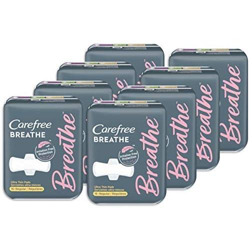 Carefree Breathe Ultra Thin Regular Pads with Wings, Unscented, 16 Count (Pack of 8)